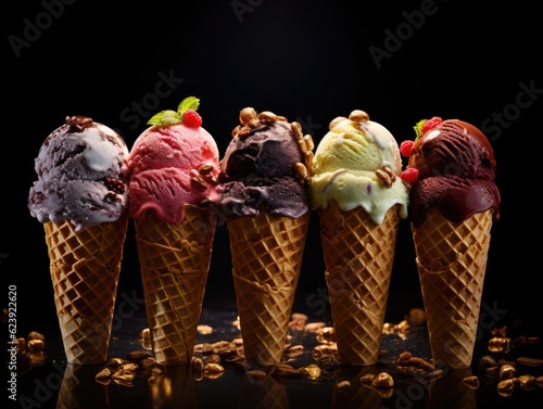 A row of ice cream cones with nuts on top. Generative AI.