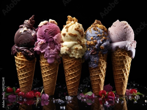 A row of ice cream cones filled with different flavors. Generative AI.