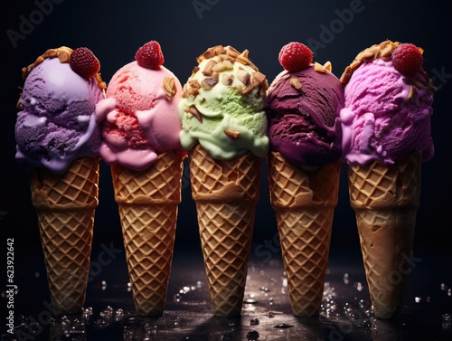A row of ice cream cones with different flavors. Generative AI.