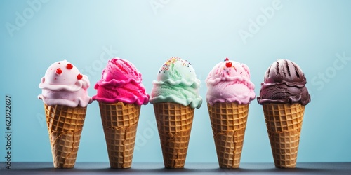 A row of ice cream cones with sprinkles on them. Generative AI.