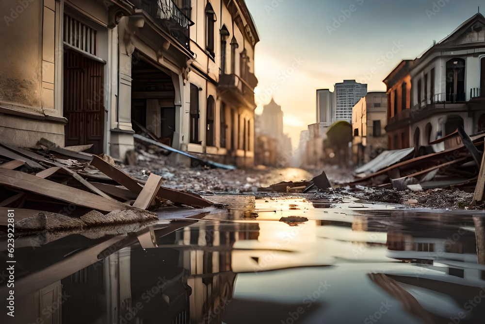 Stagnant water left after a major flash flood in the city. Damaged buildings and rubble strewn about