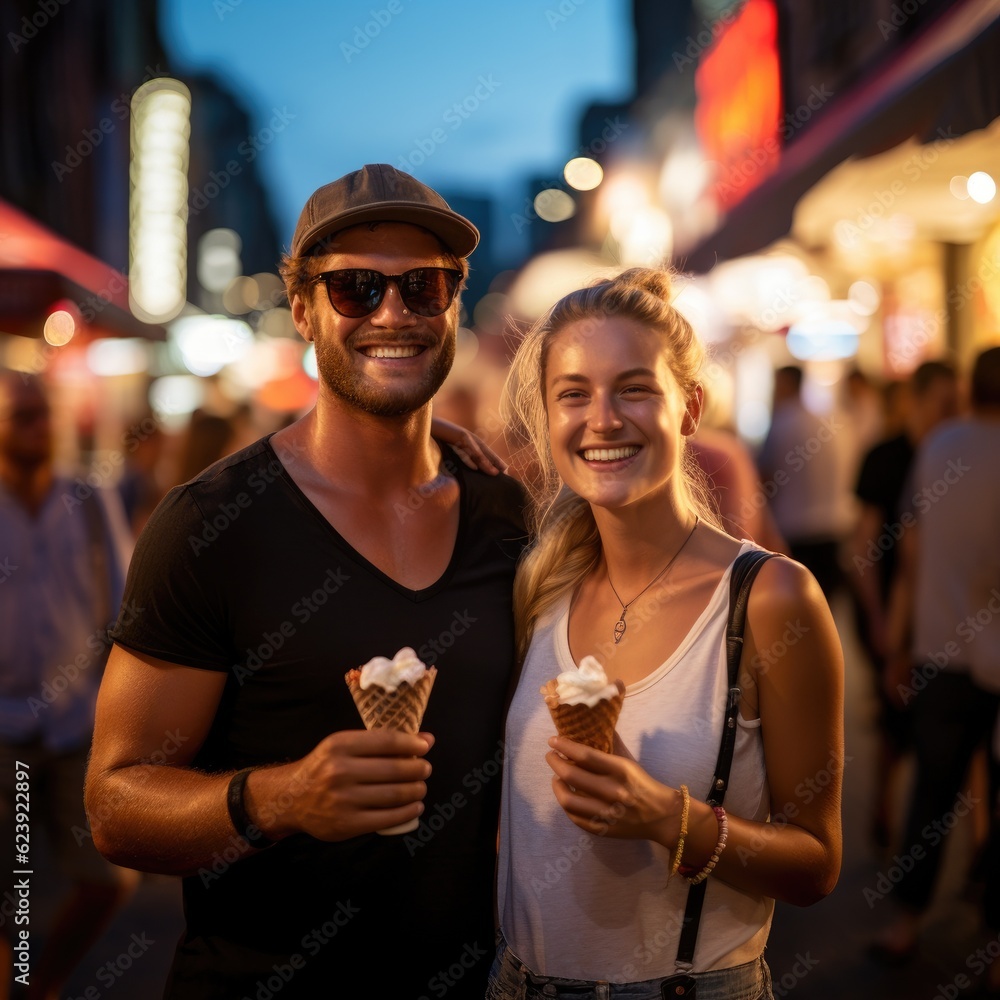 A man and a woman holding ice cream cones. Generative AI.