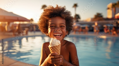 A young boy eating an ice cream cone by a pool. Generative AI.