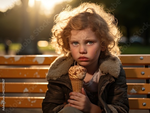 A little girl sitting on a bench eating an ice cream cone. Generative AI.