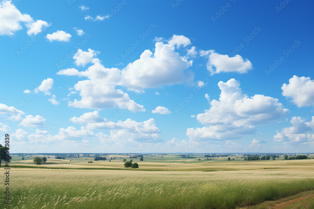 Naklejka premium Summer day with some clouds in the sky, horizon low and empty photograph. AI generative