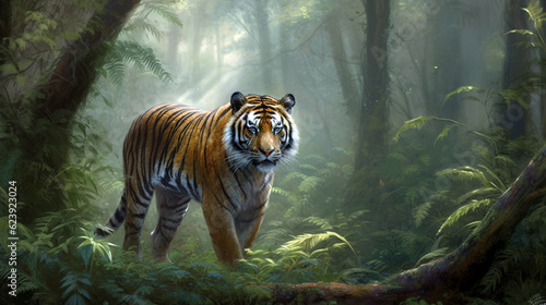 Tiger in the middle of the forest. Generative AI