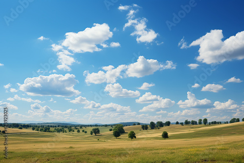 Summer day with some clouds in the sky, horizon low and empty photograph. AI generative