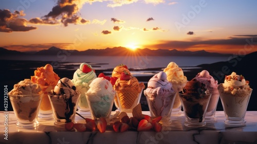 A row of ice cream sundaes on a table. Generative AI. photo