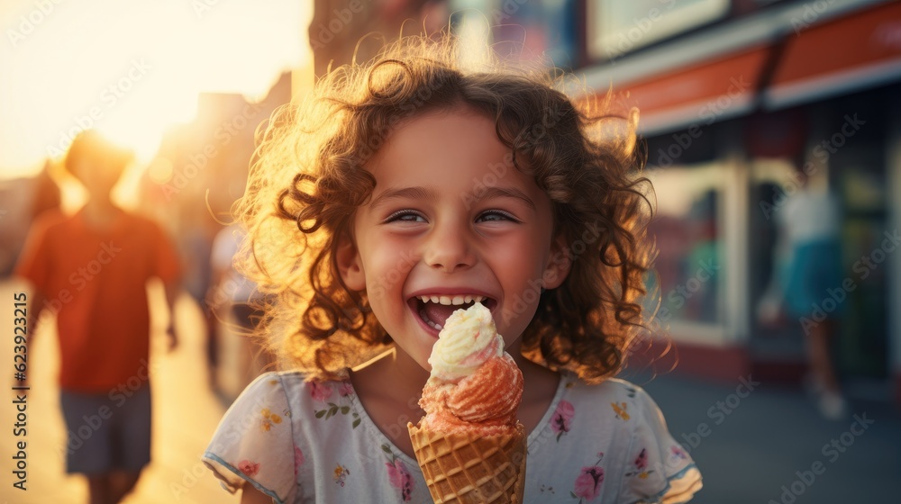 A little girl eating an ice cream cone. Generative AI. A little girl eating an ice cream cone. Generative AI.