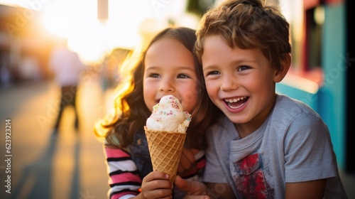 A couple of kids that are eating some ice cream. Generative AI.