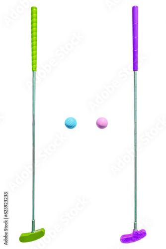 Minigolf putters in different sices with balls isolated on white background / Mini Golf Material / Mini golf clubs with balls isolated	
