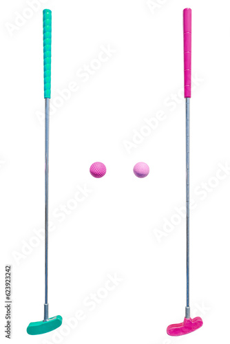 Minigolf putters in different sices with balls isolated on white background / Mini Golf Material / Mini golf clubs with balls isolated	
