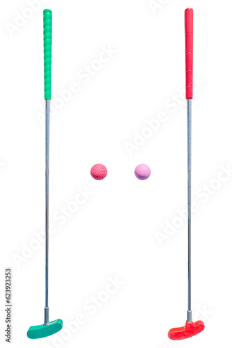 Minigolf putters in different sices with balls isolated on white background / Mini Golf Material / Mini golf clubs with balls isolated	
