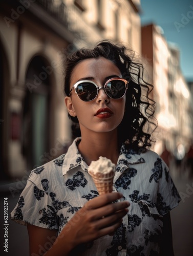 A woman wearing sunglasses holding an ice cream cone. Generative AI.