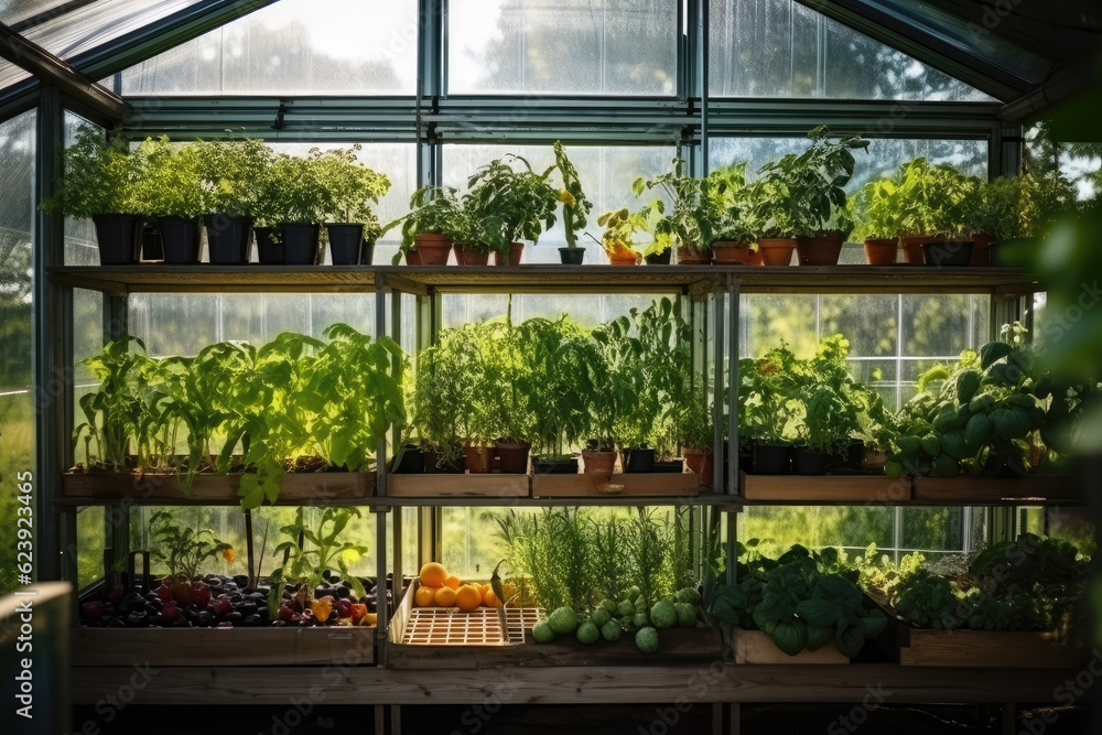 Exuberant modern greenhouse and variety of greens, vegetables that grow lush in a protected environment. Generative AI.