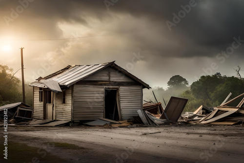 The wooden house was destroyed by the hurricane that hit. the sun slowly rises from the dark clouds © Agry