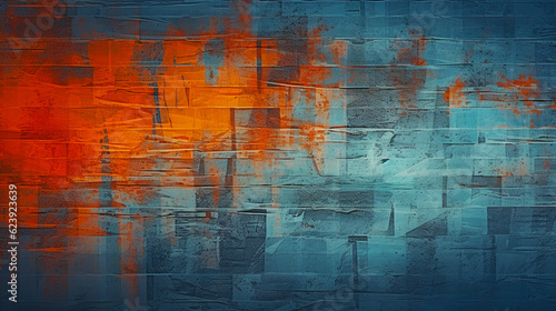 Grunge abstract background. Damaged screen. Orange glitch noise on blue scratched texture with dust. Digital illustration generative AI.