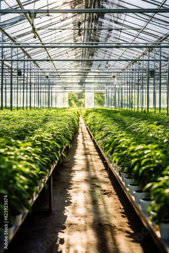 Greenhouse with a variety of greens and vegetables that grow lush in a protected environment. Generative AI.