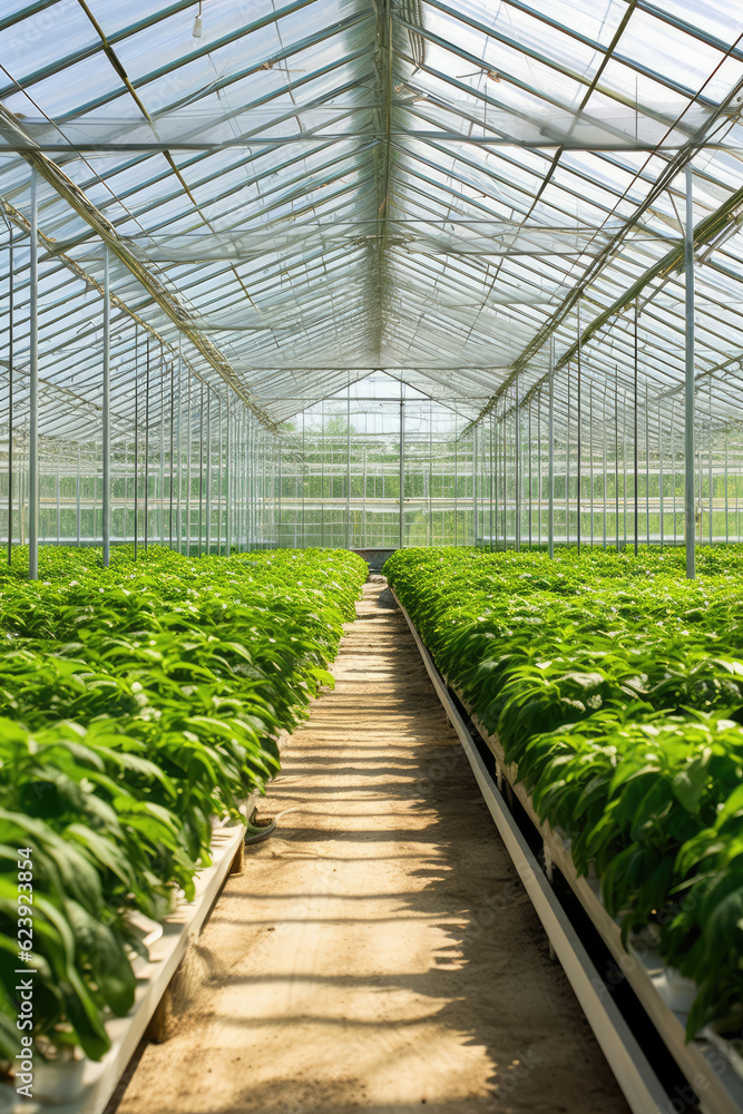 Greenhouse with a variety of greens and vegetables that grow lush in a protected environment. Generative AI. Greenhouse with a variety of greens and vegetables that grow lush in a protected environment. Generative AI.