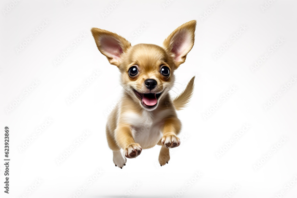 Cute Chihuahua puppy dog running isolated on white background. Digital illustration generative AI.