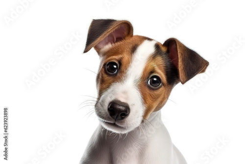 Fototapeta Cute curious Jack Russell Terrier puppy dog isolated on white background