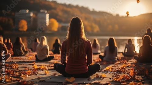 back view of group of women unknown people meditate outdoor