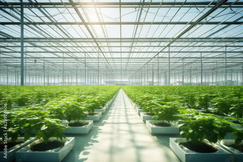 Greenhouse with a variety of greens and vegetables that grow lush in a protected environment. Generative AI. Greenhouse with a variety of greens and vegetables that grow lush in a protected environment. Generative AI.