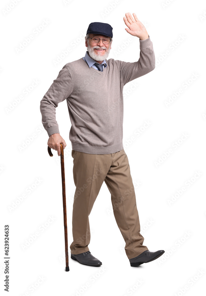 Senior man with walking cane waving on white background Senior man with walking cane waving on white background