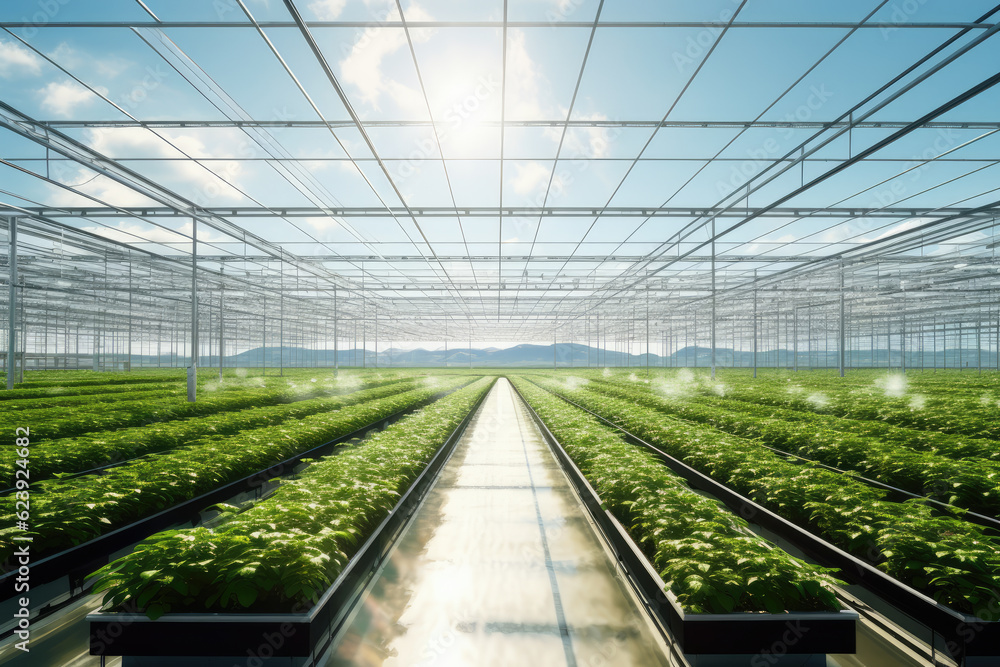 Greenhouse with a variety of greens and vegetables that grow lush in a protected environment. Generative AI. Greenhouse with a variety of greens and vegetables that grow lush in a protected environment. Generative AI.