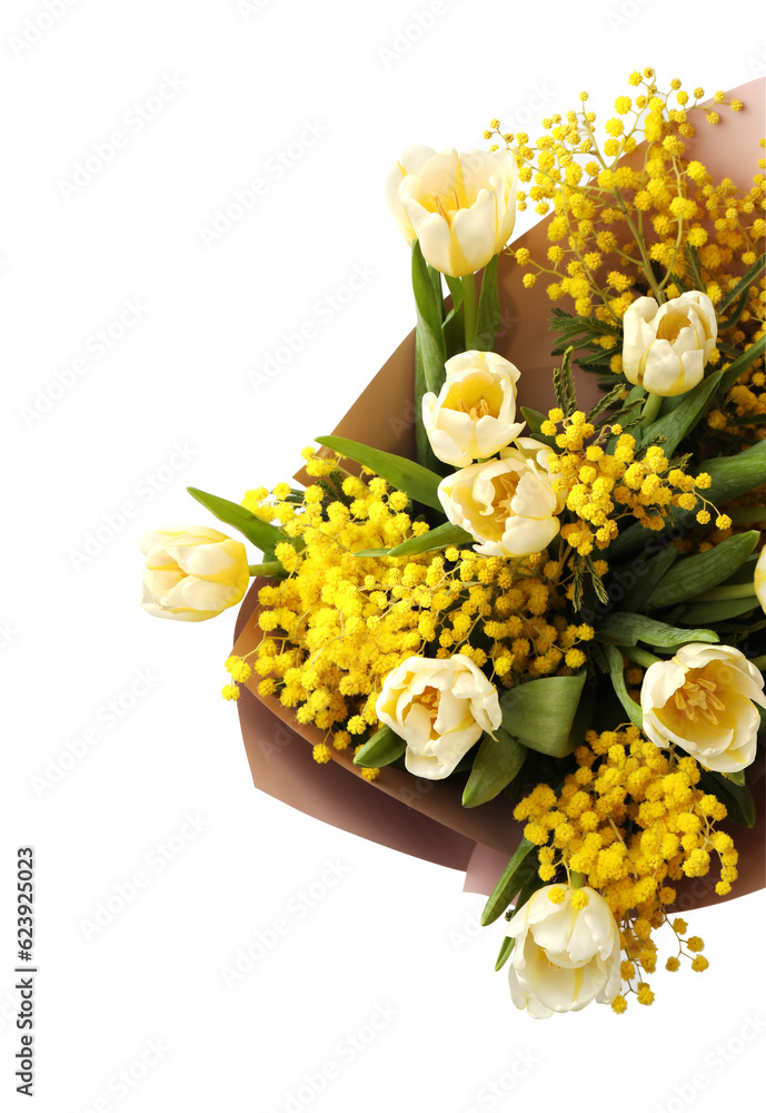 Bouquet of beautiful spring flowers isolated on white, top view