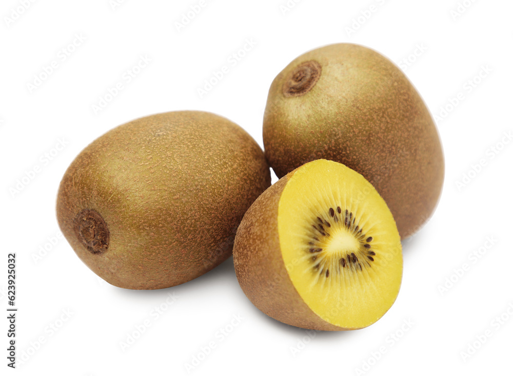 Whole and cut ripe yellow kiwis on white background