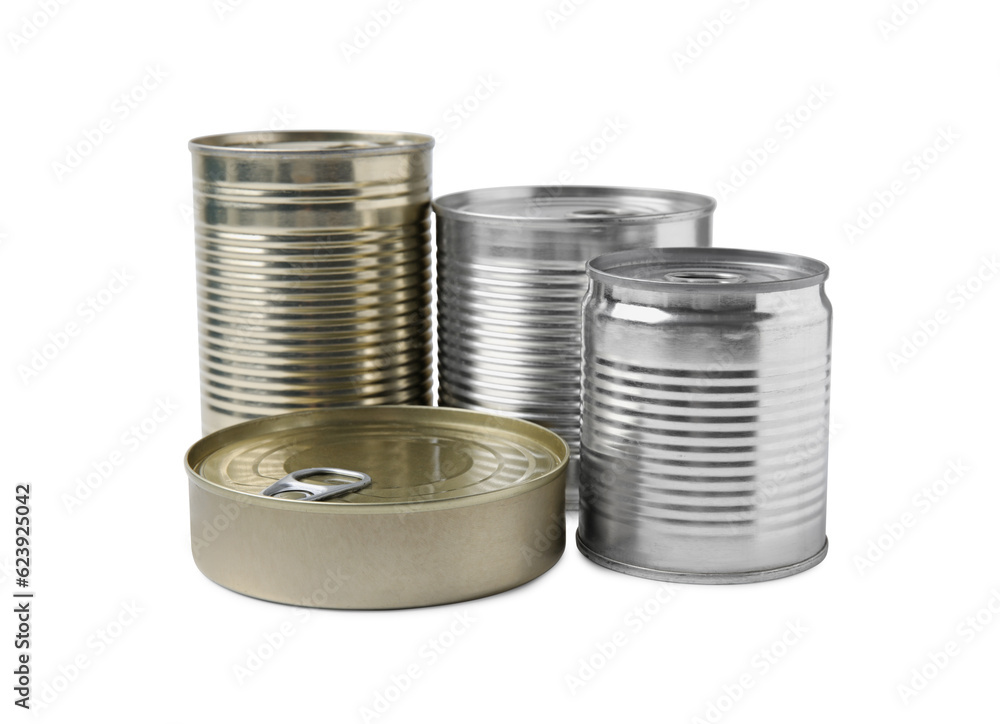 Many closed tin cans isolated on white Many closed tin cans isolated on white