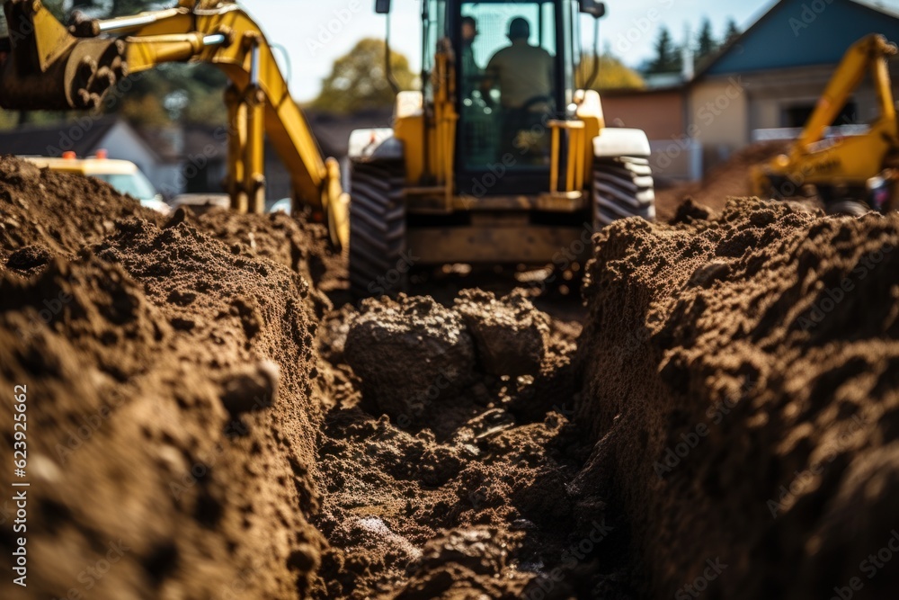 Backhoes digging the soil and laying the foundation at the construction site. Backhoes digging the soil and laying the foundation at the construction site.