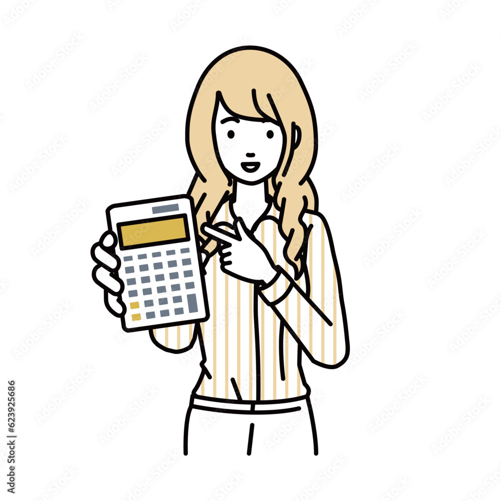 a woman in shirt work style recommending, proposing, showing estimates and pointing a calculator with a smile a woman in shirt work style recommending, proposing, showing estimates and pointing a calculator with a smile
