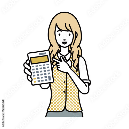 a woman in clerical uniform recommending, proposing, showing estimates and pointing a calculator with a smile