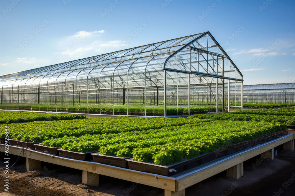 Greenhouse with a variety of greens and vegetables that grow lush in a protected environment. Generative AI. Greenhouse with a variety of greens and vegetables that grow lush in a protected environment. Generative AI.