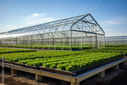 Greenhouse with a variety of greens and vegetables that grow lush in a protected environment. Generative AI.