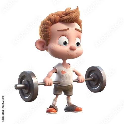 Little boy lifting a barbell.3d illustration.horizontal.isolated.over white