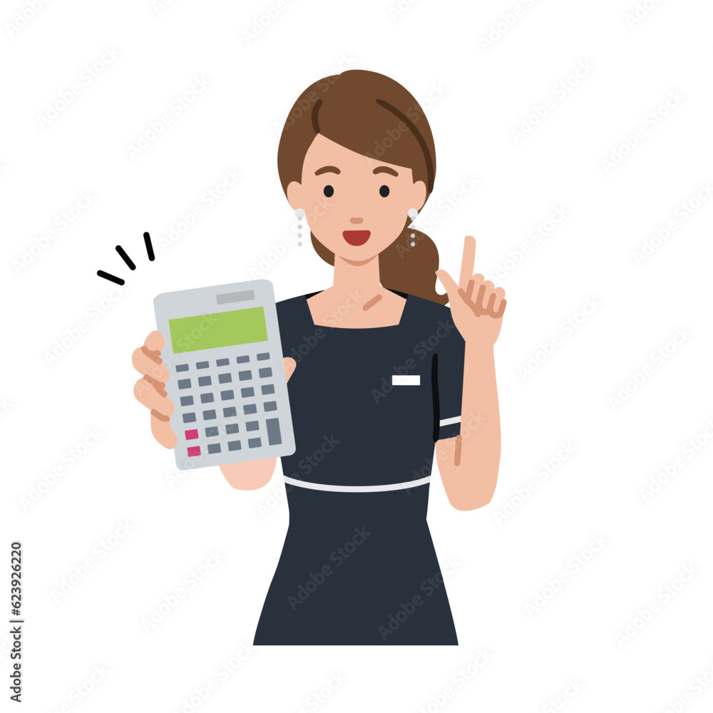 an esthetician, receptionist woman recommending, proposing, showing estimates and pointing a calculator with a smile