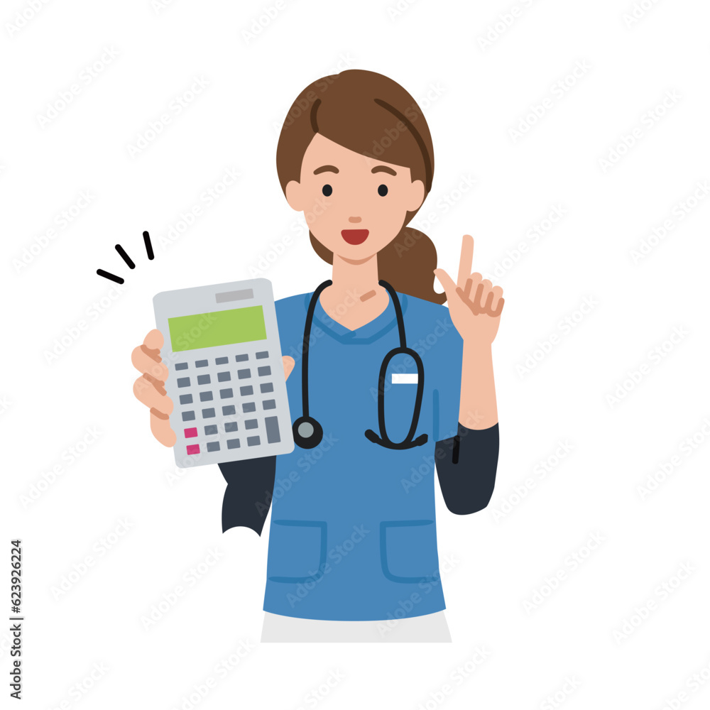 a nurse woman recommending, proposing, showing estimates and pointing a calculator with a smile a nurse woman recommending, proposing, showing estimates and pointing a calculator with a smile