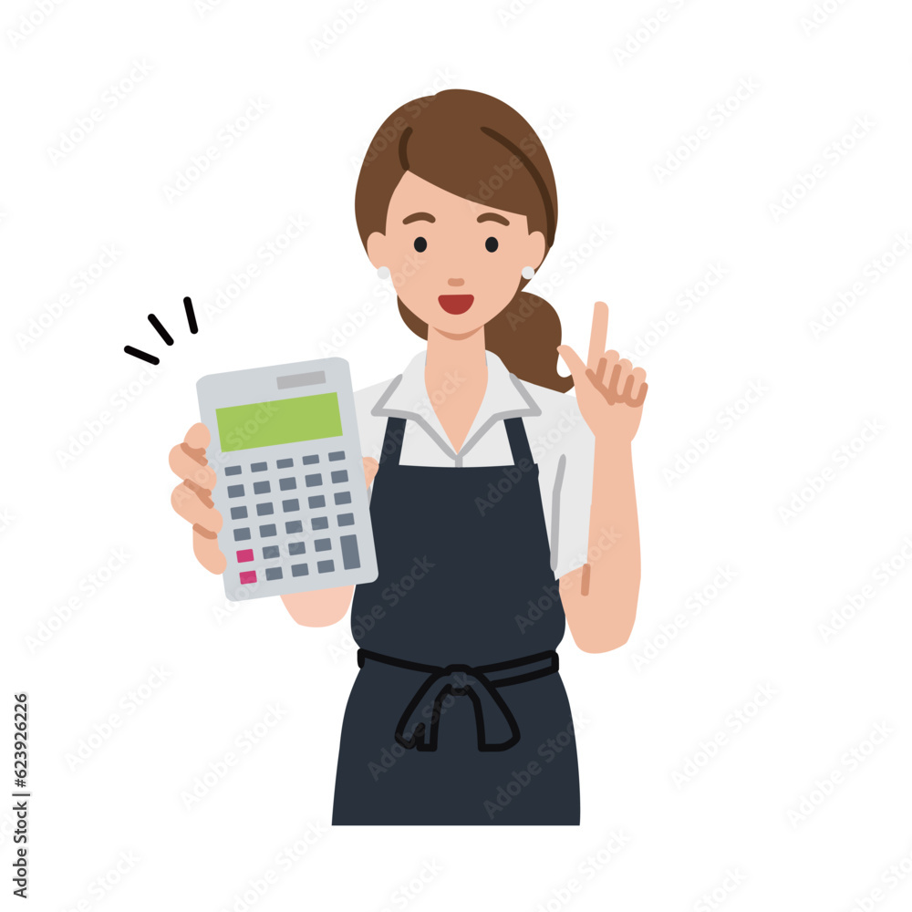 a woman in cafe apron recommending, proposing, showing estimates and pointing a calculator with a smile a woman in cafe apron recommending, proposing, showing estimates and pointing a calculator with a smile
