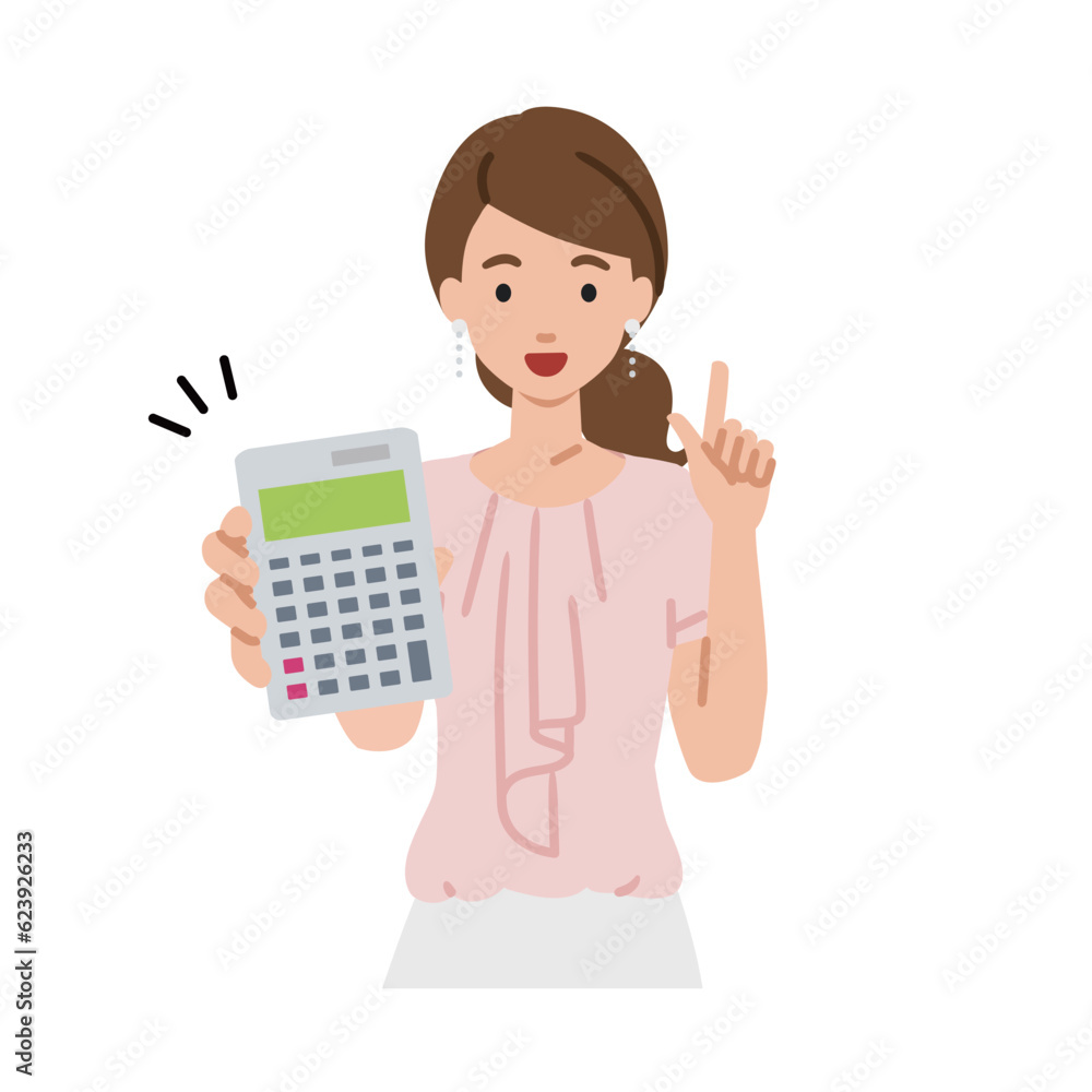 a woman in casual work style recommending, proposing, showing estimates and pointing a calculator with a smile a woman in casual work style recommending, proposing, showing estimates and pointing a calculator with a smile