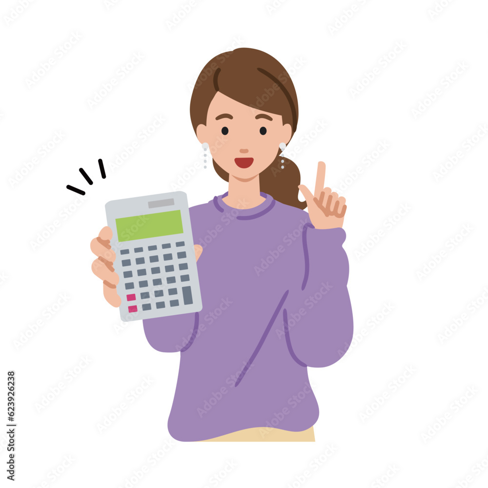 a woman in casual style recommending, proposing, showing and pointing a calculator with a smile