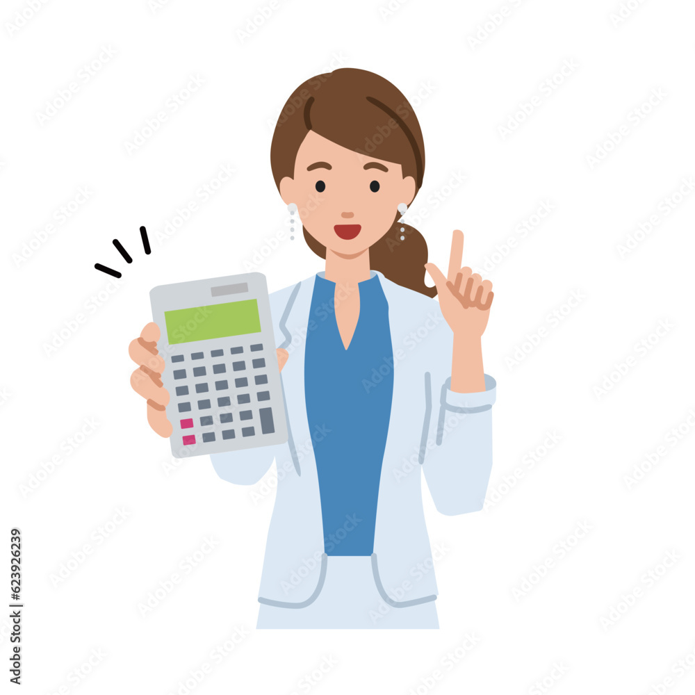 a woman in work jacket style recommending, proposing, showing estimates and pointing a calculator with a smile a woman in work jacket style recommending, proposing, showing estimates and pointing a calculator with a smile