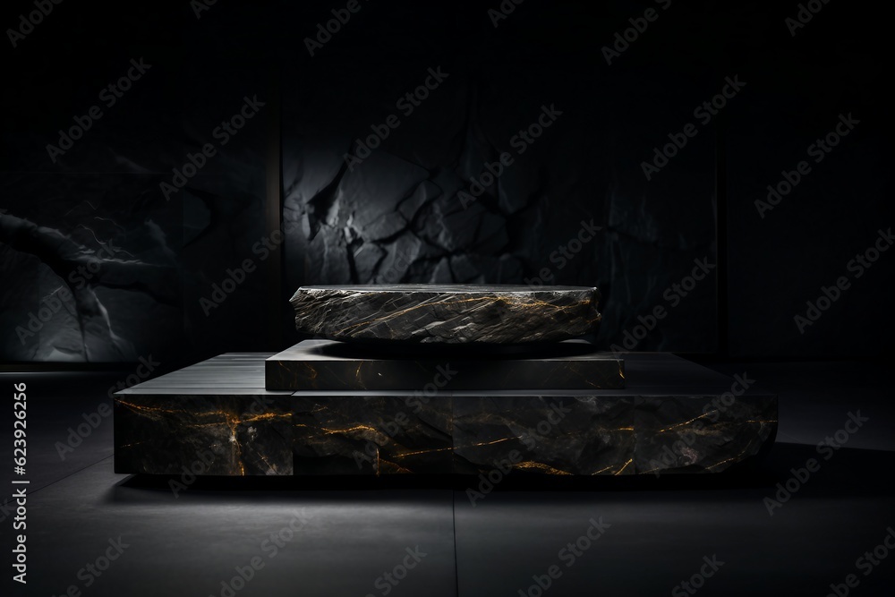 Black stone product display podium on black background. Charming. created generative ai.