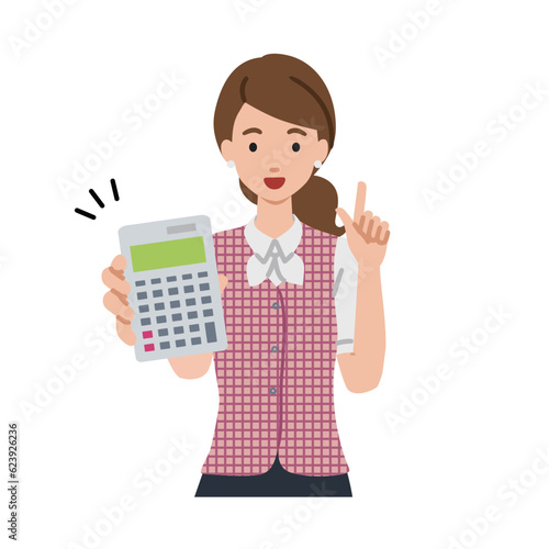 a woman in clerical uniform recommending, proposing, showing estimates and pointing a calculator with a smile
