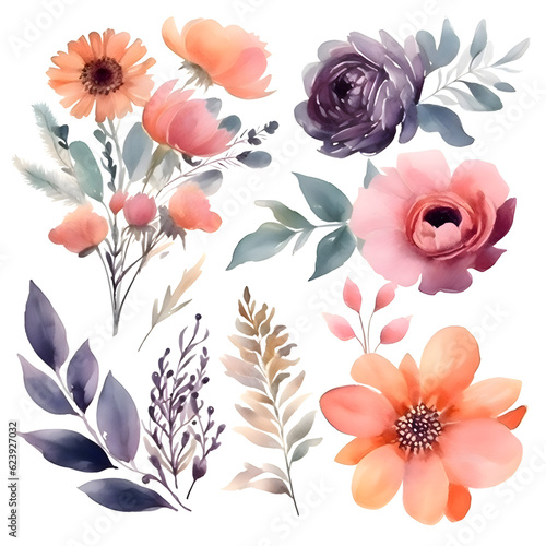 Beautiful vector watercolor flowers set. Hand drawn illustration. Isolated on white background.