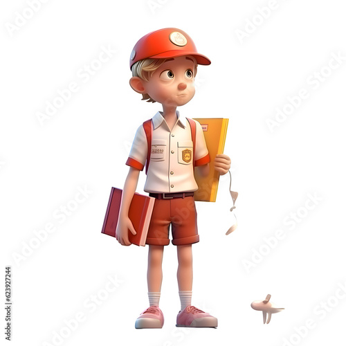3D Render of a Little Boy with a Backpack and Book