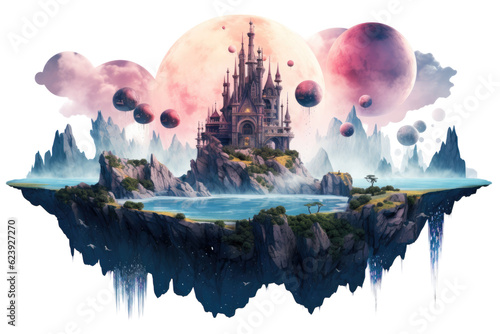 a fantasy kingdom set atop floating islands, abstract shape isolated on a transparent background, generative ai photo