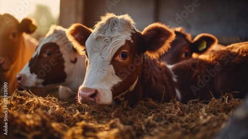 Close up of calves on an animal farm eating food—meat industry concept. © sirisakboakaew